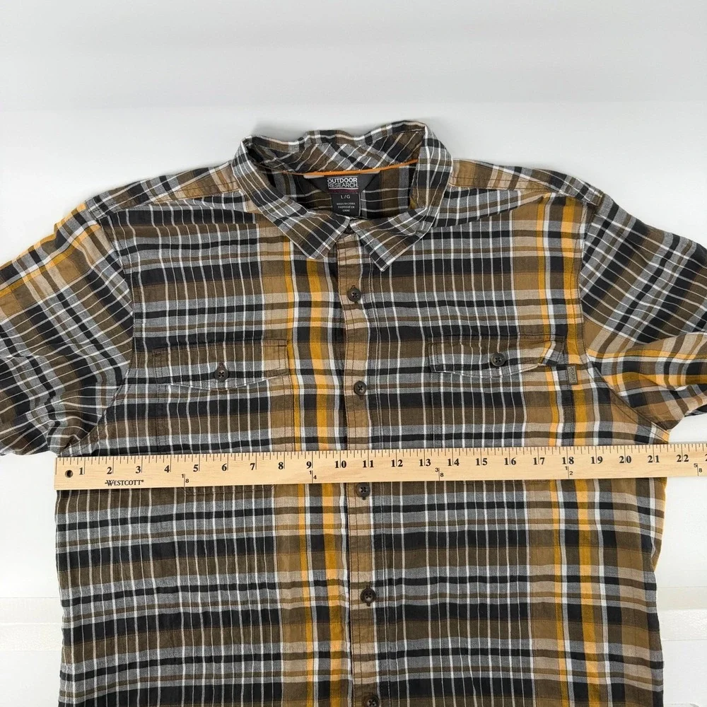 Outdoor‎ Research Plaid Shirt Mens Large Brown Yellow Short Sleeve Button Down
